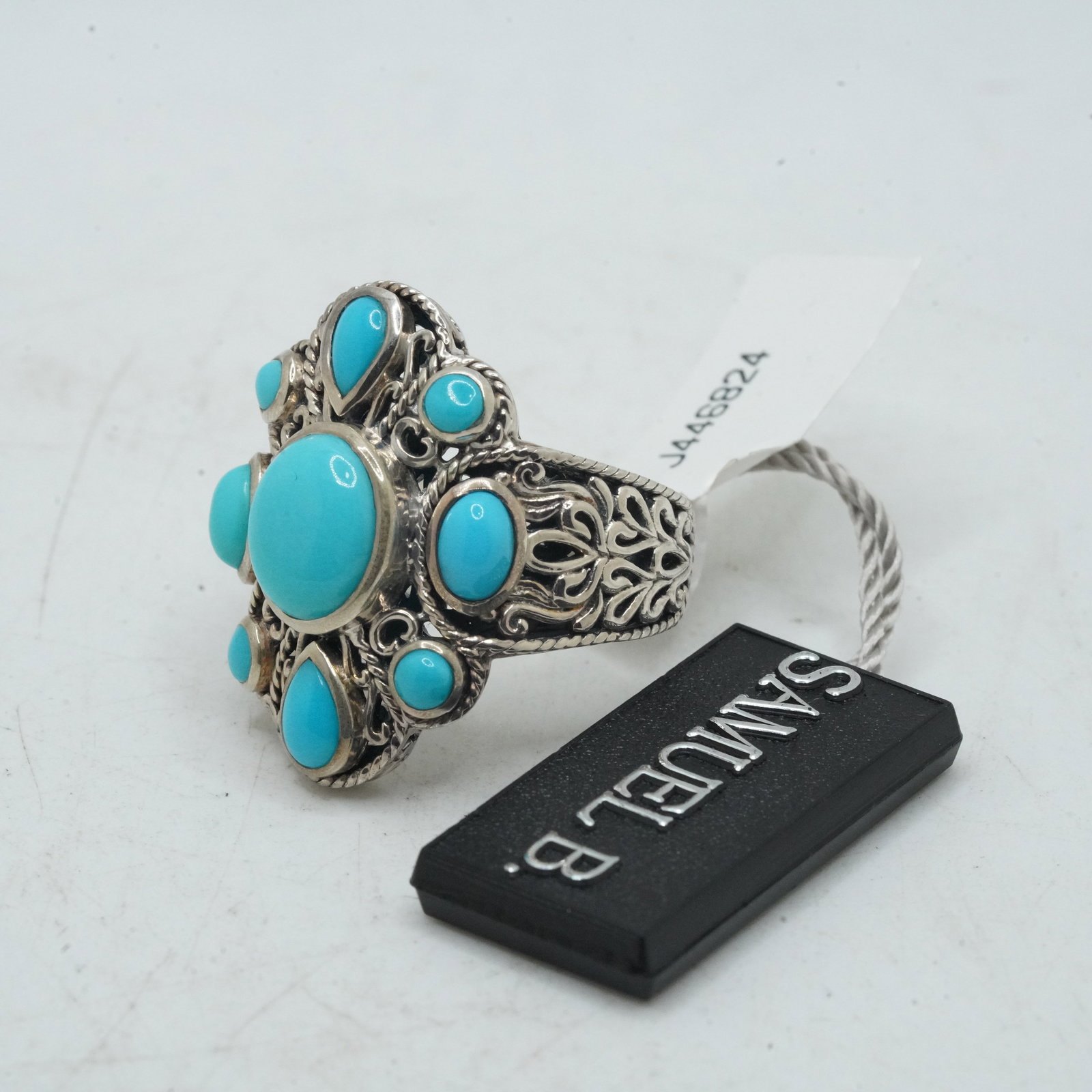 12.28 Grams .925 Sterling Silver Samuel B Turquoise Stones Set into a Filigree Ring Size 8 (1 of 7)