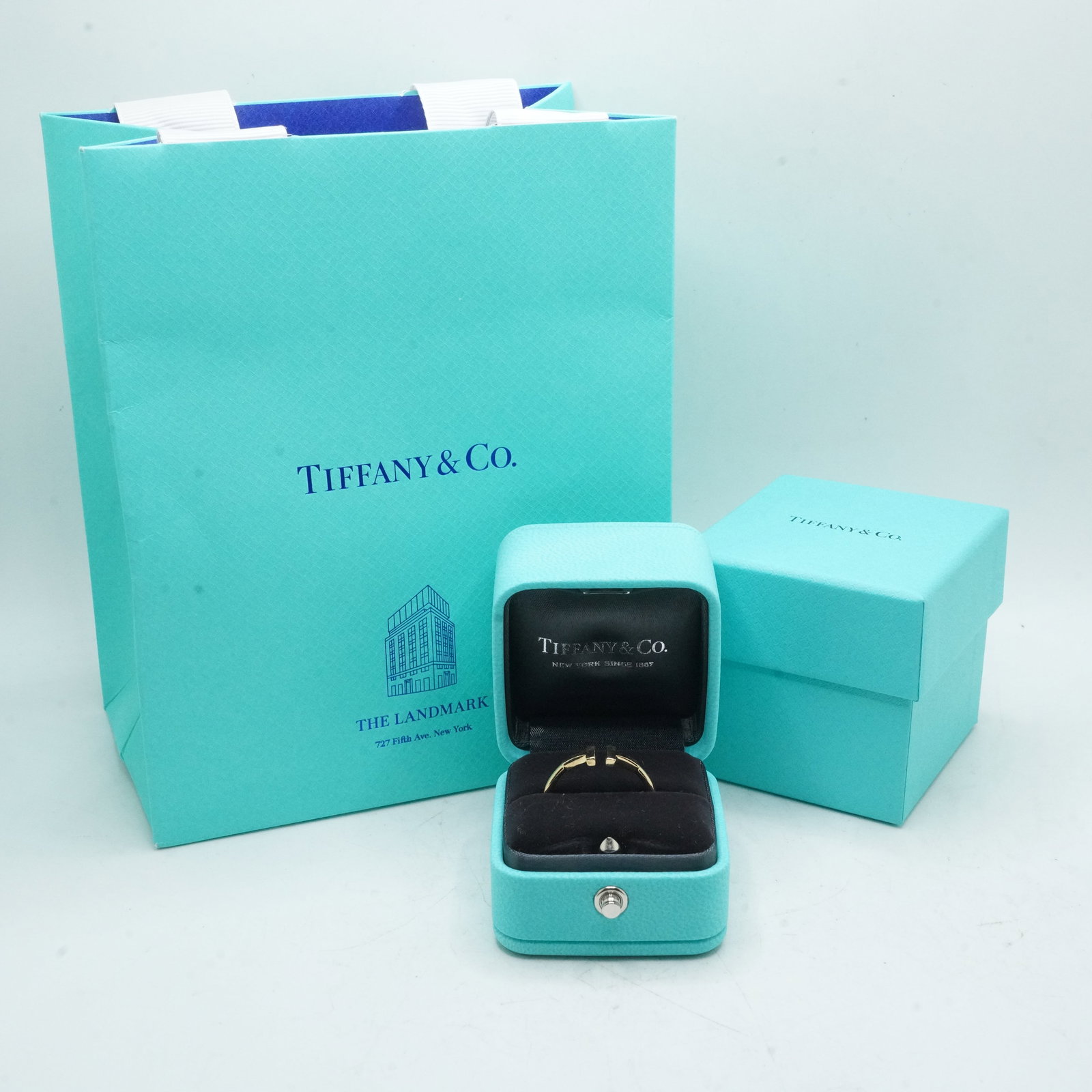 Tiffany & Co Au 750 [18K Yellow Gold] 2.24 DWT "T-Square" Ring Size 10 with Original Case, Box, Bag.: Tiffany & Co Au 750 [18K Yellow Gold] 2.24 DWT "T-Square" Ring Size 10 with Original Case, Box, Bag. Marked: T & Co Au 750.