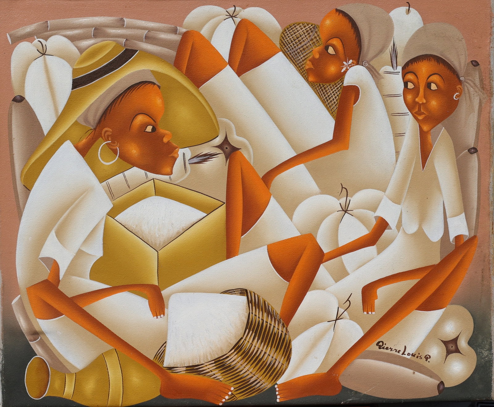 "Pierre Louis," depicting three figures in white clothing , Haitian Folk Art Oil on Canvas Painting: Size 28 1/2 in. x 30.5 in. ; This image shows a modern figurative painting with a signature that appears to read "Pierre Louis," depicting three figures in white clothing and large hats alongside mark