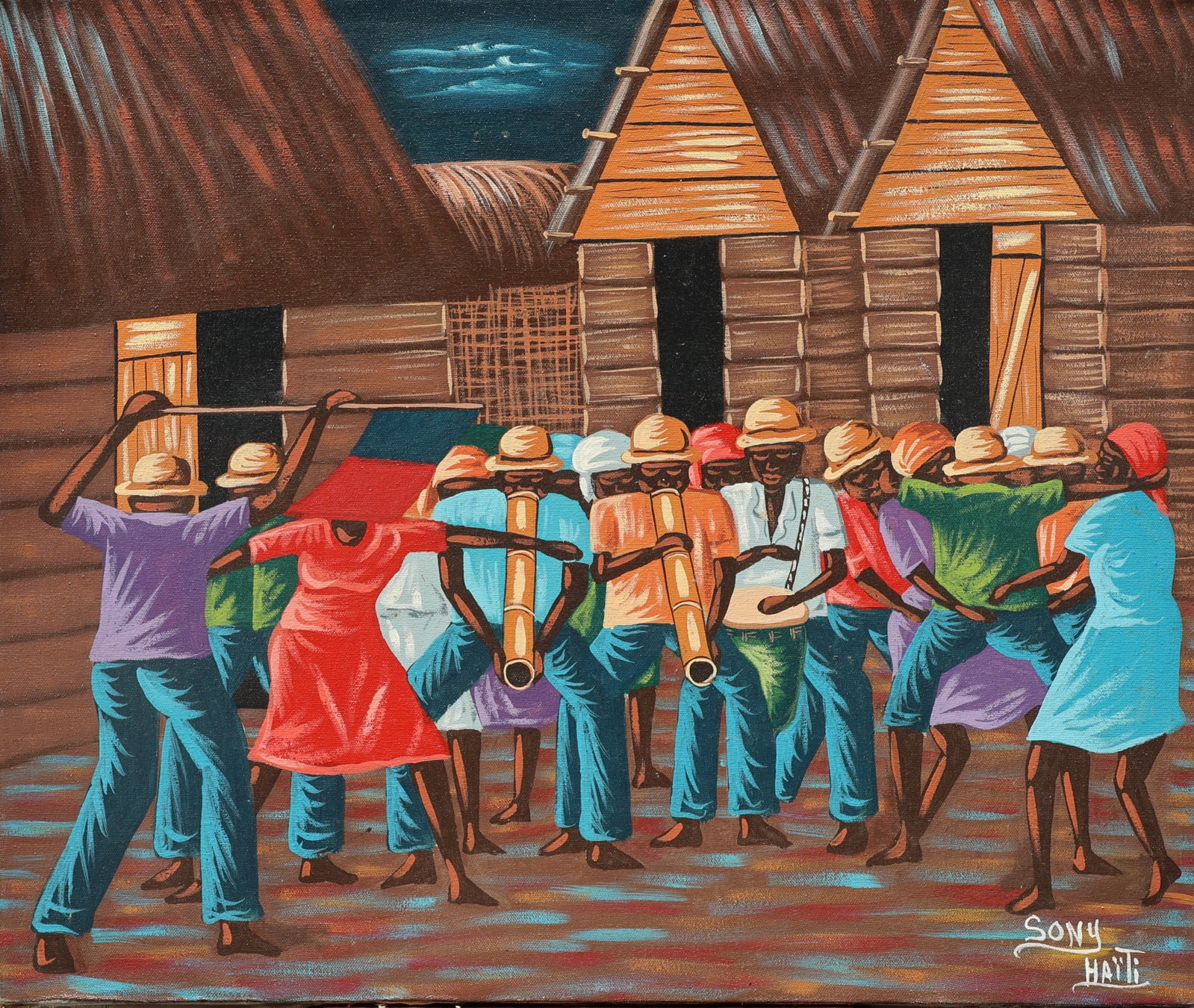 Haitian Rara musical procession and dance in front of rural village houses, signed in the lower righ (1 of 5)