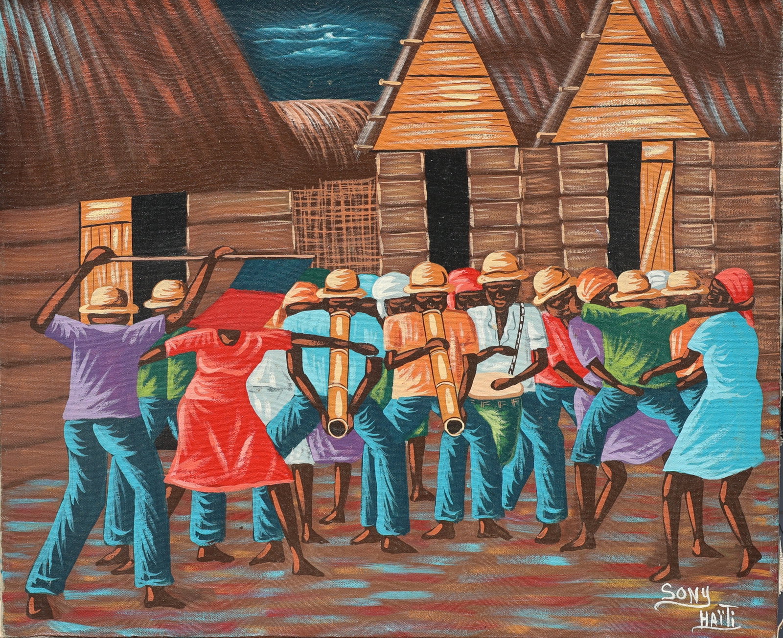 Haitian Rara musical procession and dance in front of rural village houses, signed in the lower righ - 3