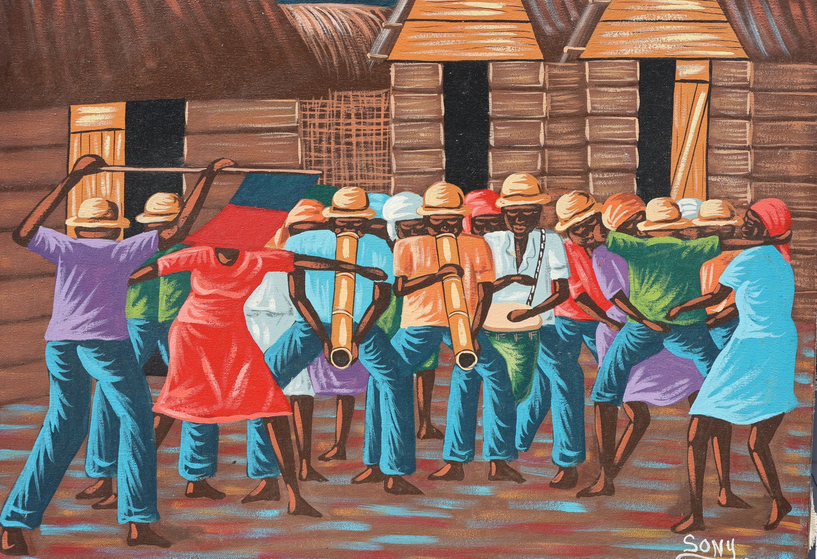 Haitian Rara musical procession and dance in front of rural village houses, signed in the lower righ - 4
