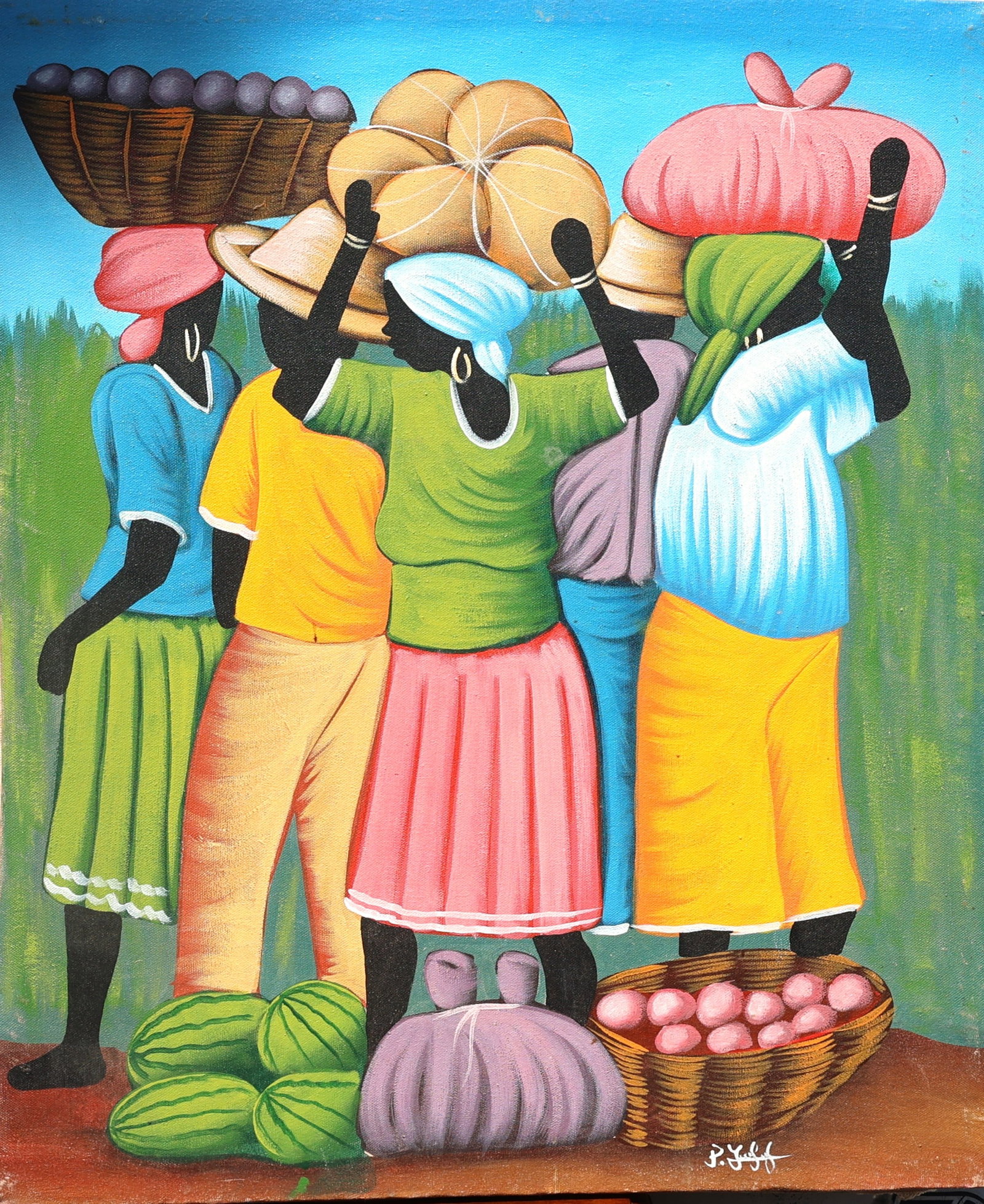 The image appears to show a vibrant Haitian folk art or naïve style painting depicting women: Size 24 in. x 20 in.; The image appears to show a vibrant Haitian folk art or naïve style painting depicting women carrying produce at a market