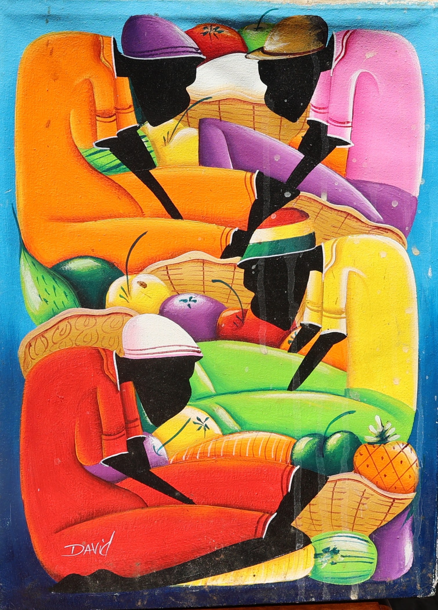 colorful folk art painting, likely a vibrant market or harvest scene in a Caribbean or Haitian: Size 16 in. x 12 in. ; show a colorful folk art painting, likely a vibrant market or harvest scene in a Caribbean or Haitian style featuring stylized figures and baskets of fruit. Oil on Canvas Painti