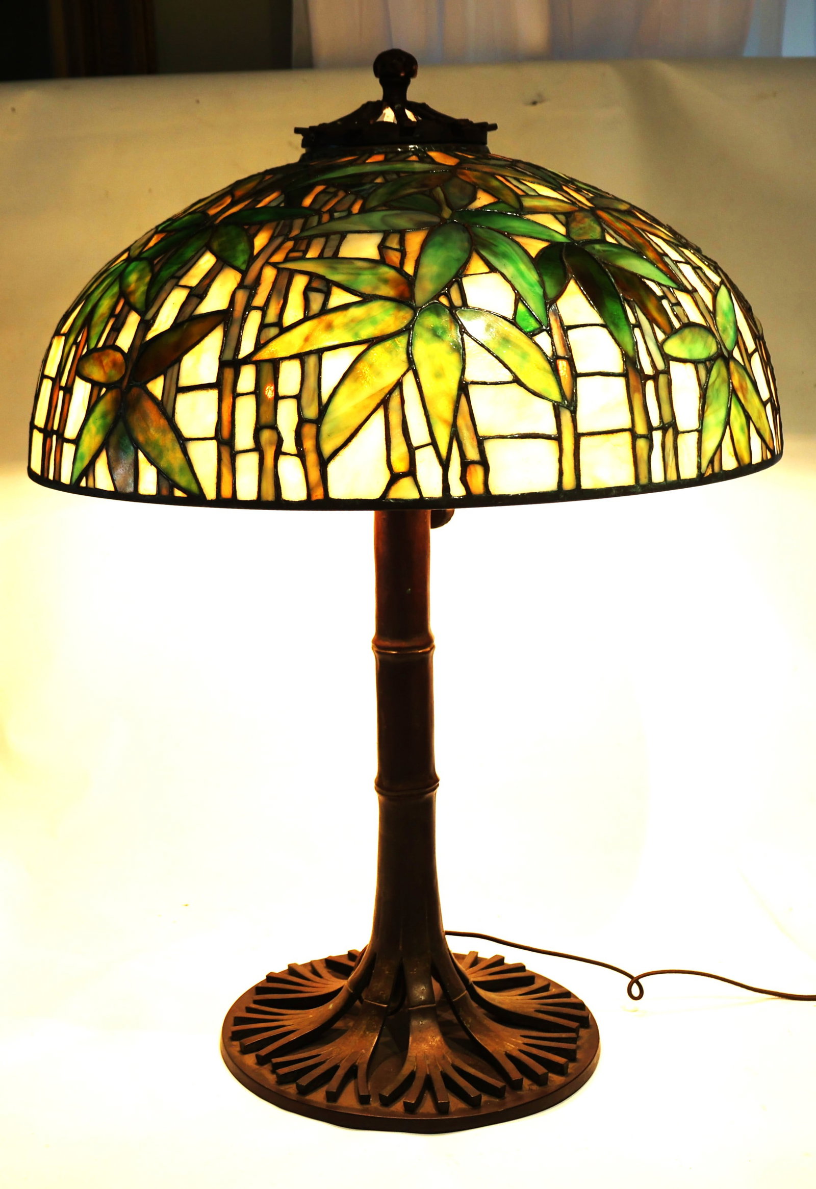 Tiffany Studios Leaded Glass Bamboo Table Lamp Signed Shade and Signed Base - 16