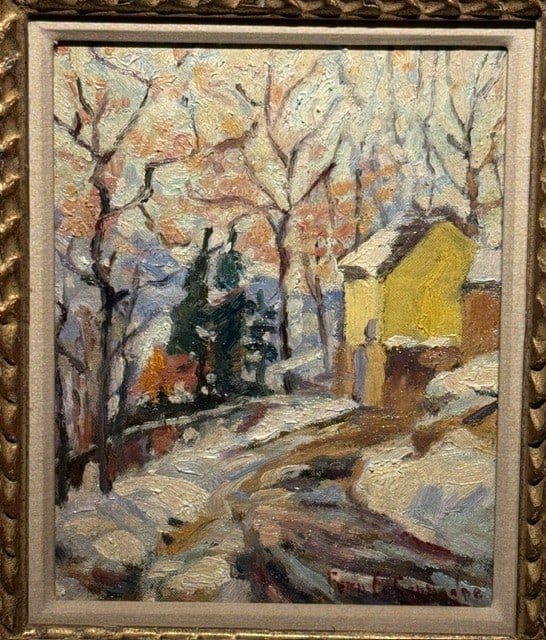 Fern Isabel Kuns Coppedge(1883-1951) Important American oil on canvasboard. Cottage in Winter: Fern Isabel Kuns Coppedge(1883-1951) Important American oil on canvasboard. Cottage in Winter. Signed lower right; 10in. x 8in.(image), 16in. x 14in.(framed)