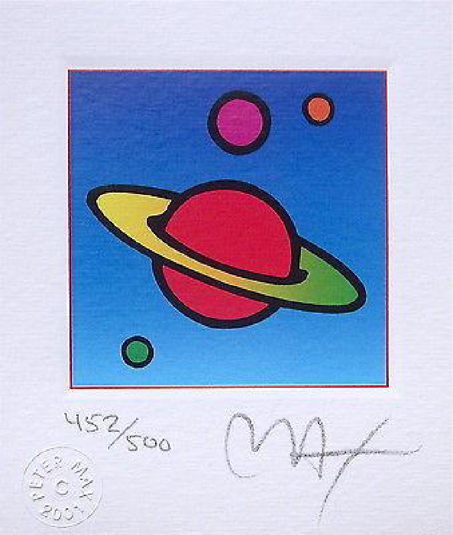 Cosmic Saturn (Mini), Limited Edition Lithograph, Peter: Original Limited Edition Lithograph on Lustro Saxony paper, 2001. Edition Size: 500, plus proofs. Paper Size: 3.5" x 3." Signed and numbered in pencil. Published by Via Max. Excellent Condition; never