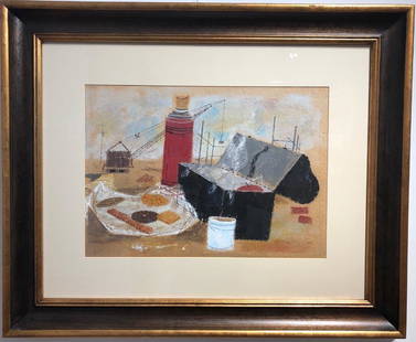 Charley Harper Early Watercolor Painting: American (1922-2007). Watercolor on paper titled "Workman's Lunch", signed lower right, 1949-50.Tag on verso reads "given to Cinti art museum Oct 27/55. Charles Harper, 1403 Corvalis Ave, Cinti. This