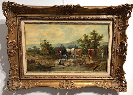 Thomas Sidney Cooper: (British, 1803-1902), cows resting in a field, signed lower right "T.Sidney Cooper", oil on canvas. Original canvas trimmed and relined to linen canvas. The painting has been blacklit, and there is mi