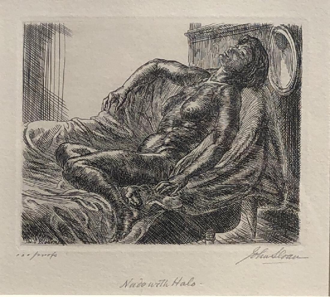 John Sloan Etching, "Nude with Halo", 1931: 5" wd. x 4" ht. sight Life dates 1871 -1953 Provenance: The Collection of the Art Academy of Cincinnati
