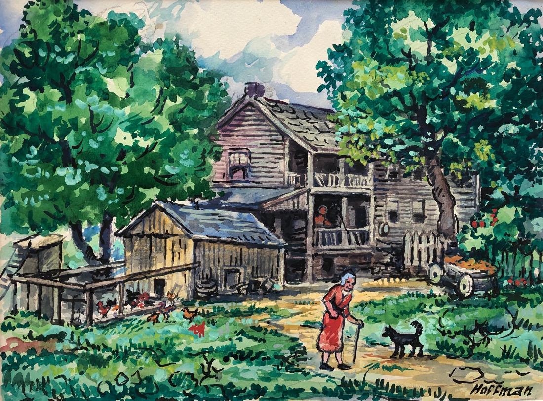 Oscar Hoffman Watercolor of Farm Scene: Sight 19.25" wd. x 14.5" ht. Provenance: the collection of the Art Academy of Cincinnati