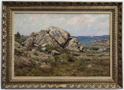 Lewis Henry Meakin (British-American, 1850-1917),: Sight: 35.5" wd. x 23.5" ht., Framed: 43.5" wd. x 33.5" ht. Signed L.L., Oil on canvas, in original stretcher, housed in a gilt and gesso frame. This is a rare, large-scale example of Meakin's work.&n