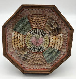 19th Century Sailor's Valentine: Octagonal: 3.5" (each side x 9" (diameter), two concentric circles in the center leading to a heart-shaped design and the words written in shells: "think of me".