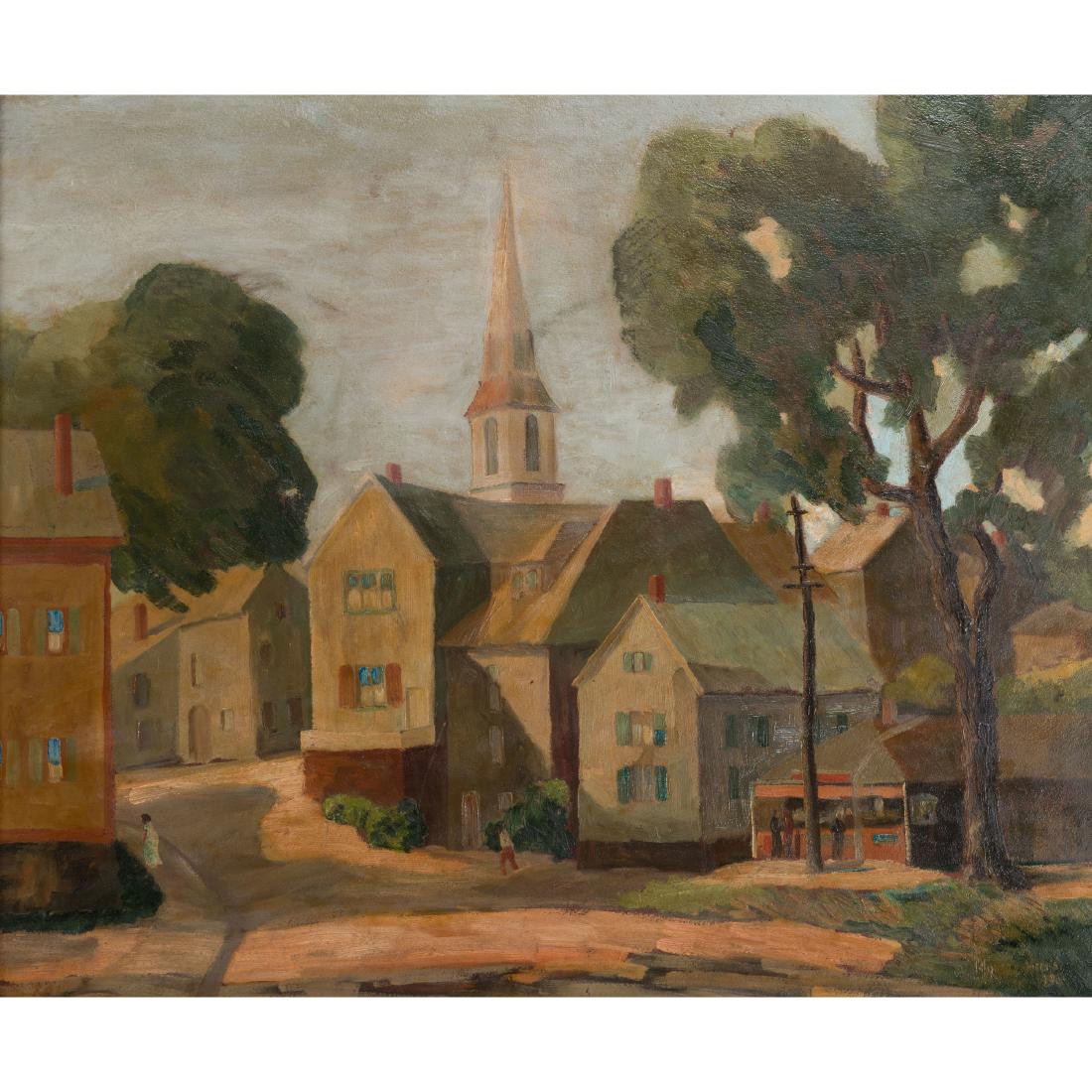 Morley Hicks (American, 1877-1959), "Beech Street,: 29.5" wd. x 35" ht Sight, 37" wd x 42.5 " ht. Framed, Beach Street, Rockport, Mass, Oil on board, signed and dated 1935 L.R. , title and signature on verso. Housed in origi
