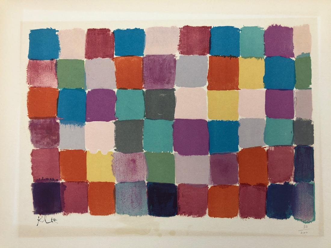 Paul Klee (1879-1940) "Composition": Sight: 15.5" wd. x 11" ht. Framed: 14.5" wd. x 10.5" ht. A Paul Klee color lithograph depicting six rows of varied colored squares, signed in the print and numbered 93/200, circa 1929. Housed in