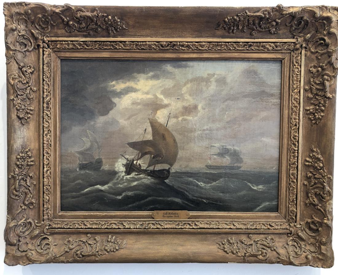 Ecole Hollandaise, "Dix-Septieme Sicle": Sight: 19.5" wd x 13.5" Framed: 28" wd x 22" ht., Dutch maritime scene featuring three ships, housed in a gilt and gesso frame.