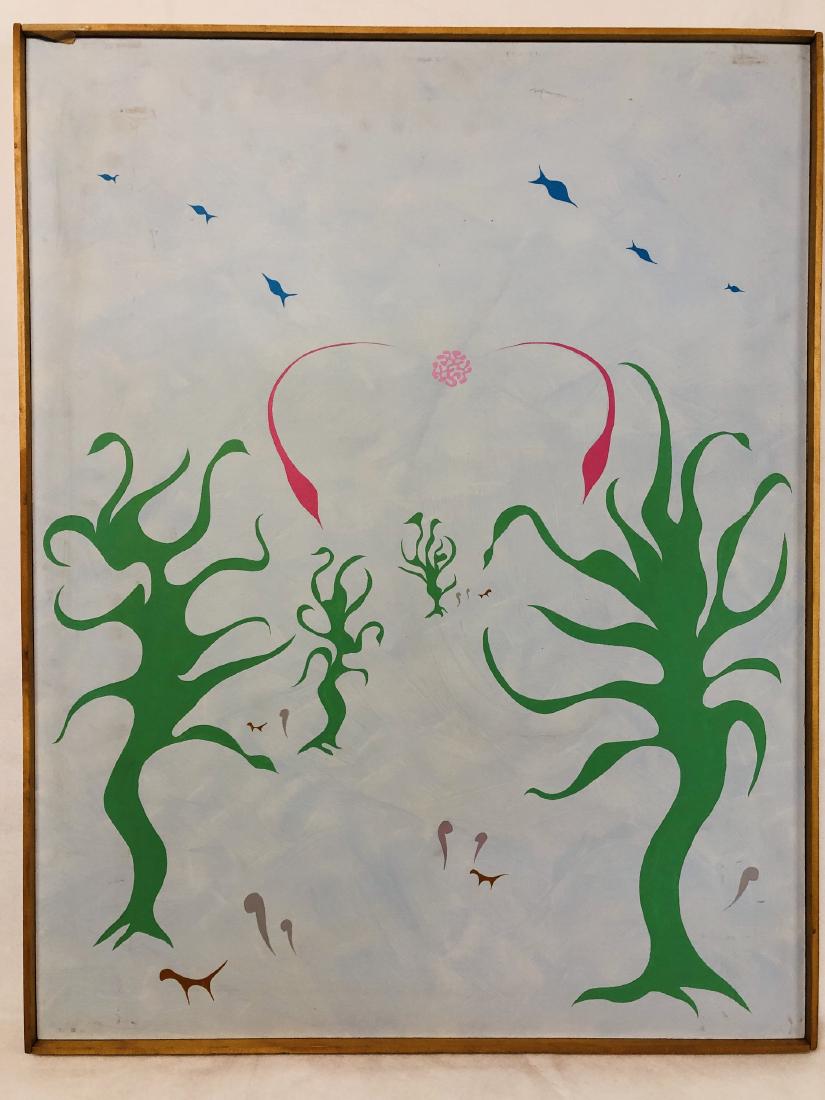 William Downing Abstract Color Field Painting,: 26" wd. x 36" ht. Acrylic on masonite. Housed in simple wood frame. Downing, an electrical engineer, executed his entire body of work from 1967-1969. Inspired by M.C. Escher, Downing produced nearly 3