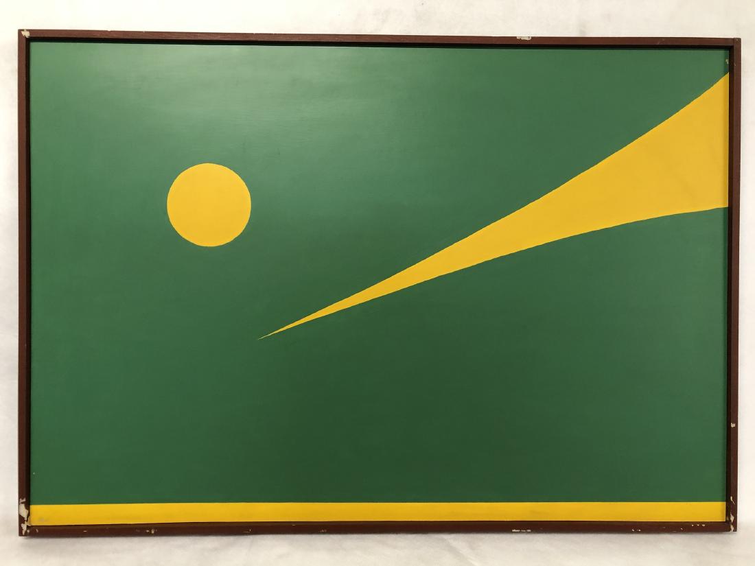 William Downing Abstract Color Field Painting, "Dynamic: 34" wd. x 24" ht. Acrylic on masonite. Housed in simple wood frame. 1968 Downing, an electrical engineer, executed his entire body of work from 1967-1969. Inspired by M.C. Escher, Downing produce