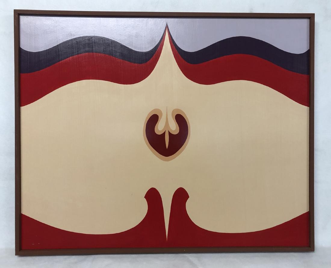 William Downing Abstract Color Field Painting, "Red: 30" wd. x 24" ht. Acrylic on masonite. Housed in simple wood frame. 1968 Downing, an electrical engineer, executed his entire body of work from 1967-1969. Inspired by M.C. Escher, Downi