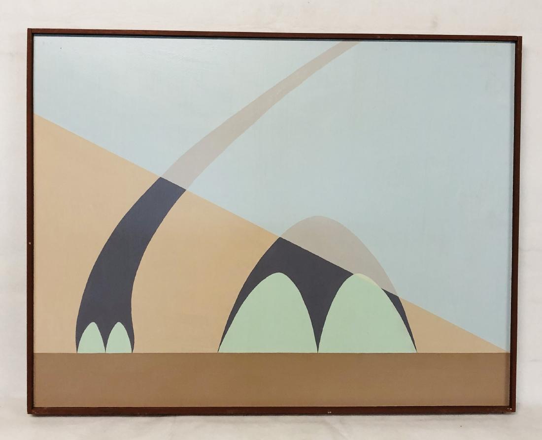 William Downing Abstract Color Field Painting, "Veil: 31" wd x 24" ht. Acrylic on masonite. Housed in simple wood frame. 1969 Downing, an electrical engineer, executed his entire body of work from 1967-1969. Inspired by M.C. Escher, Downing pr