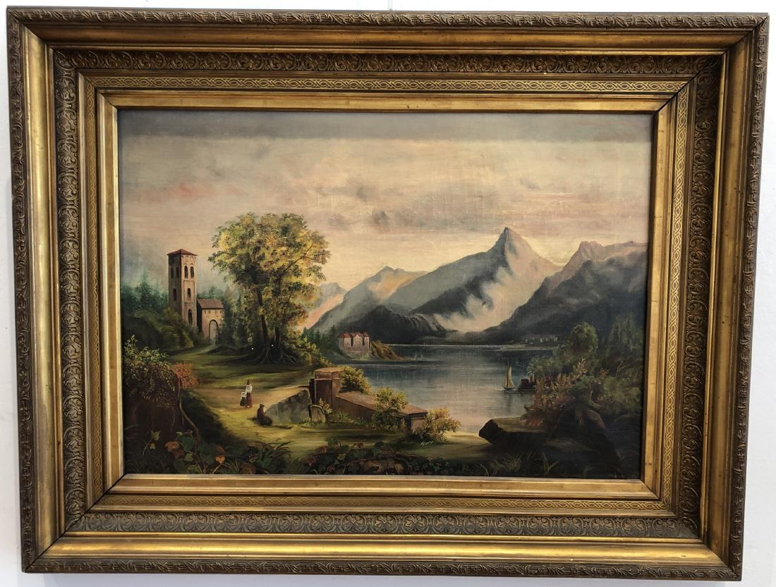19th Century Painting of a Lake and Mountains with: Sight: 23" wd x 16" ht., Framed: 30" wd. x 23" ht. A 19th century oil on canvas painting depicting thee figures on a harbor with mountains in the background, unsigned.