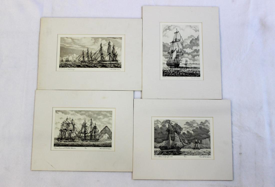 Harold M. Hahn (American, 1920-), Four Nautical: Largest: 6" wd. x 8.25" ht., all are matted. Titles: "HMS Druid and Raleigh", "HMS Nautilus in Pursuit of Hannah, 13/100", "Oliver Cromwell and HMS Beaver, 5/36", "Twin Schooners for Jamaica, 8/100". 