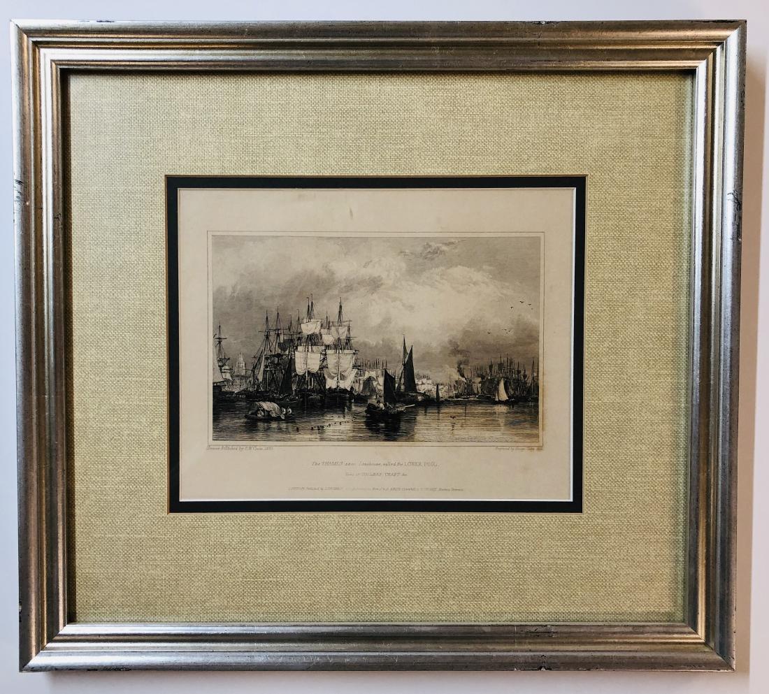 Five Nautical Engravings by E.W. Cooke and George Cooke: Largest: Sight: 7.5" wd. x 9.5" ht., Framed: 14.5" wd. x 16" ht. Titles: "Prussian Snow", "Barque", "The Thames near Limhouse, called the Lower Pool", "Sailing Barges", "Greenwich Hospital".