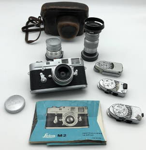 Vintage Leica M2 Camera: Including instruction Manual, Leica German Leitz Wetzlar 1984755 Summicron 1:2/50 Lens, Two Leica Meter MR, Original Leather Carrying Case, Original Leather Camera Holder, and a Leitz Wetzlar 1822842