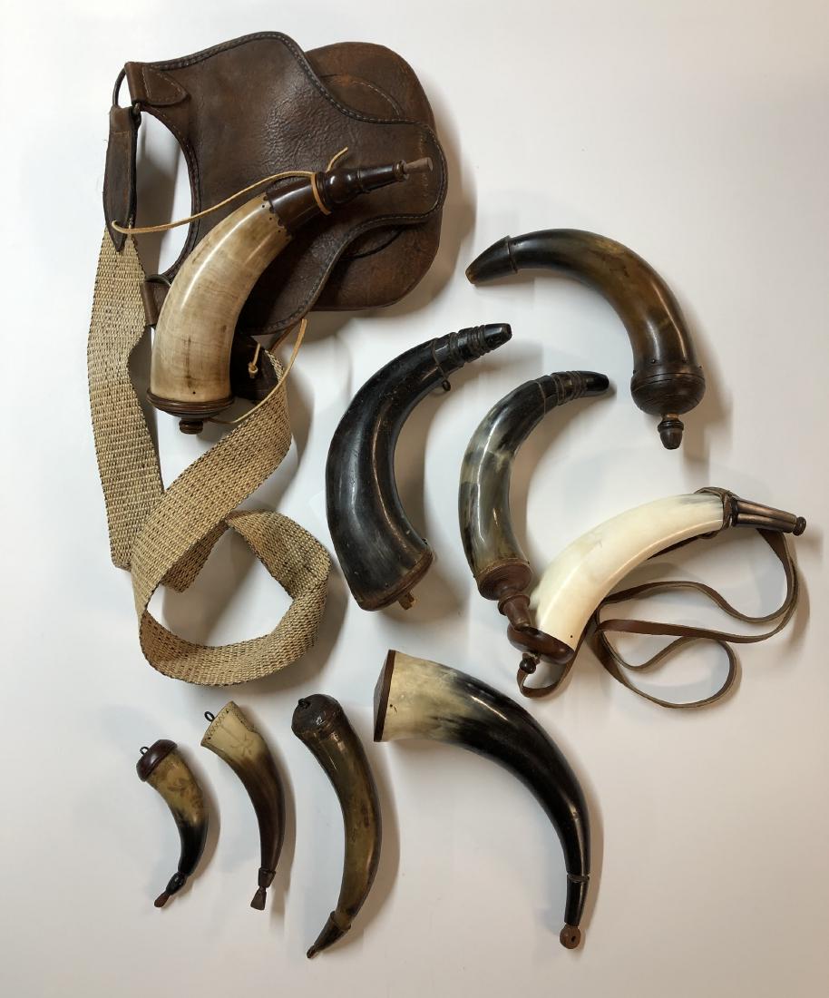 Collection of 9 Various Sized Powderhorns: Longest 10", two smaller horns are lightly scrimshawed
