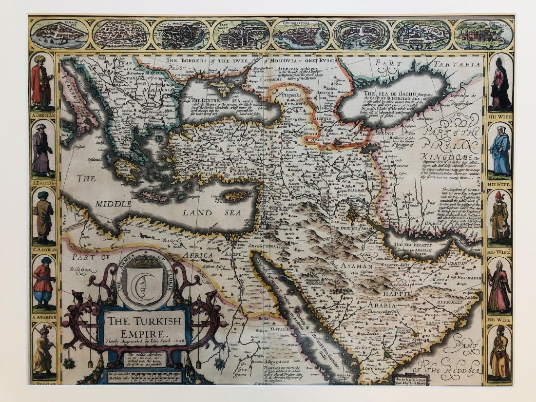 John Speed Map of the Turkish Empire: [The Turkish Empire, Newly Augmented], by John Speed, published by George Humble, London, 1626, spanning from Italy to Saudi Arabia, vignettes of costumed figures and city views in borders, hand-color