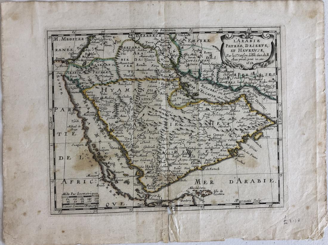 1652 Map of Arabia: L'Arabie, Petree, Deserte, et: Detailed map on laid paper centered on the Arabian Peninsula. Engraving with hand coloring. 10" ht. x 13" wd. central vertical fold with small tear. Not framed.