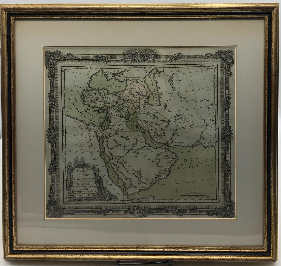 1786 Desnos and De La Tour Map of the Middle East and: Framed 1786 map of the Middle East and Arabia by Brion de la Tour and Louis Charles Desnos. It covers the regions between the Caspian Sea and the Gulf of Aden and from Turkey east to the Indus Valley 