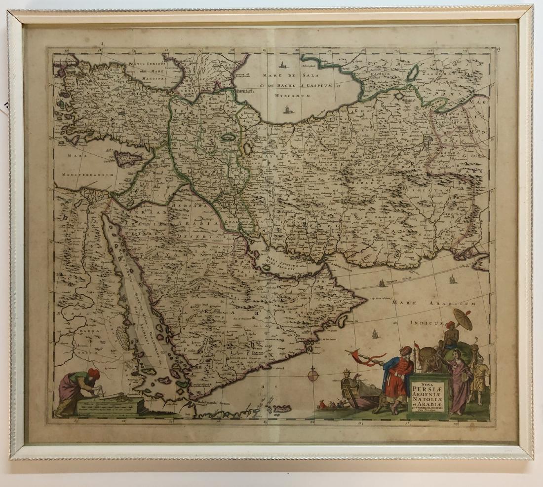 Rare 17th Century Map: Nova Persiae Armeniae Natoliae: Hand colored Cornelis Danckerts edition of this decorative and highly desireable map of the region bounded by the Saudi Peninsula, Red Sea, Nile River, Cyprus, Asia Minor, the Gulf of Aden, Indian Oce