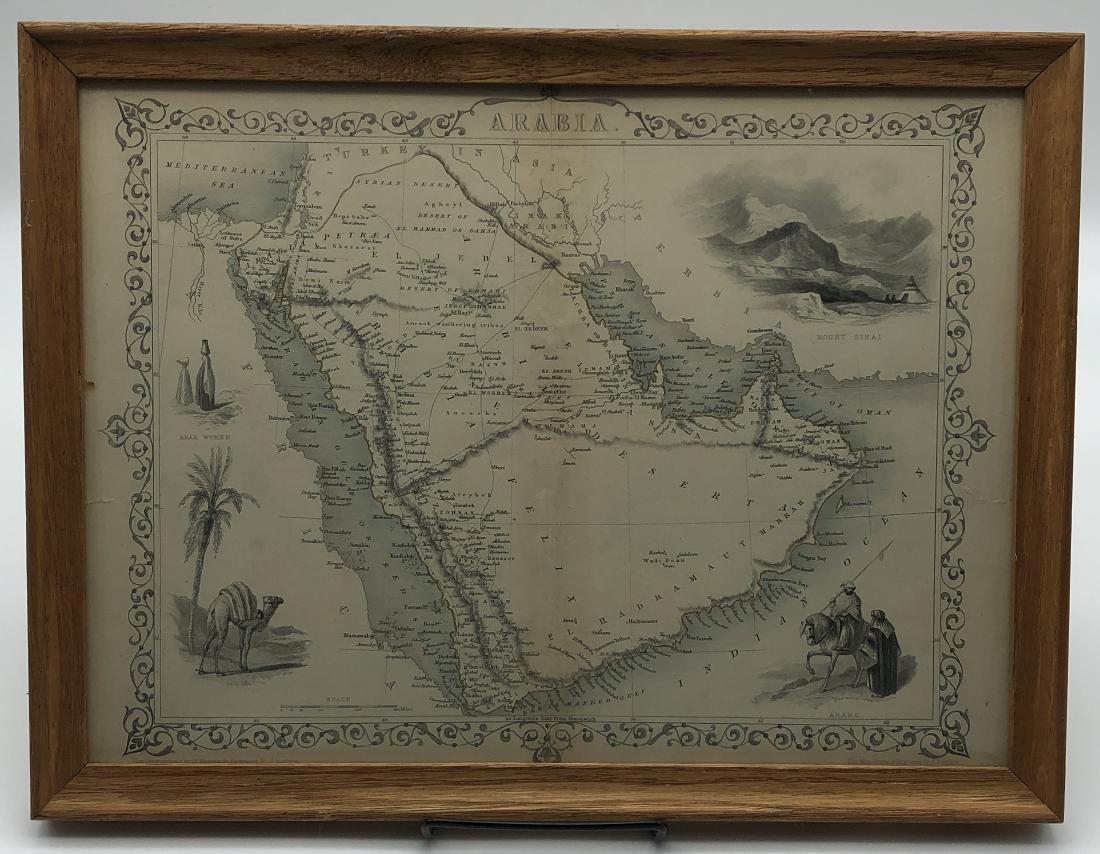 Antique Map: Arabia: Map of Arabia drawn and engraved by J. Rapkin, on laid paper. Illustrations of people and Mount Sinai, with decorative border. 11.75" ht. x 15.25" wd. framed 10.25" ht. x 13.75" wd. site appears excel