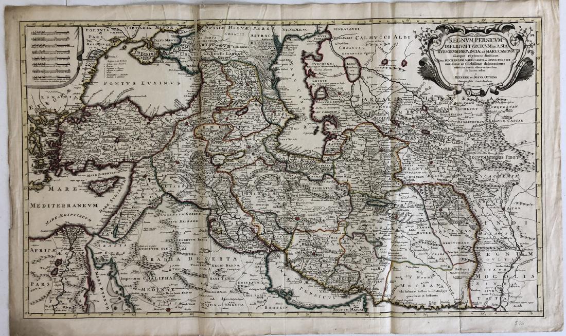 Antique Map: Kingdom of Persia: Regnum Persicum Imperium Turcicum in Asia by Ottens (1730). Map of the Middle East with the Kingdom of the Persian, Empire in the Turkish province of Asia, Russia to the Caspian Sea. Copper engraving,