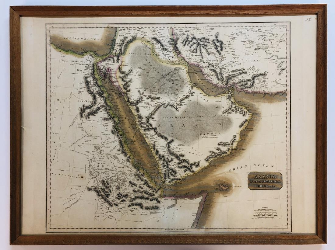 Antique Map: Arabia, Egypt, Abyssinia, Red Sea: Detailed map centered on the Saudi Arabian peninsula. Includes towns, roads, rivers, mountains, islands, deserts, and a host of other information.One of the best large format English maps of the perio