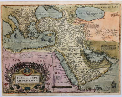 Antique Map: Turcici Imperii Descriptio: Nice example of Ortelius' first map of the Turkish Empire, embracing the Middle East, Turkey and the Eastern Mediterranean from Sicily to Cyprus. Unframed, 20" wd. x 16" ht.