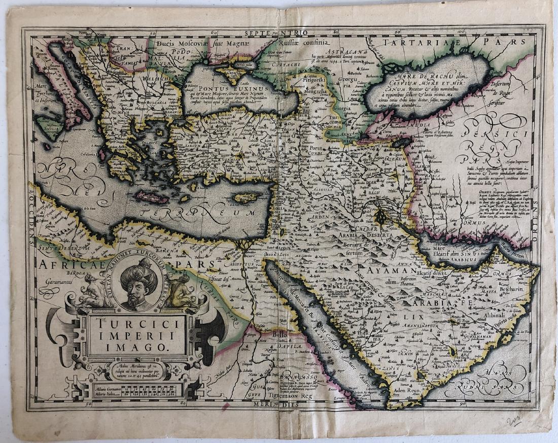 Antique Maps: Turcic Imperii Imago, 2 Maps, one: Detailed map covering the Ottoman territories in the Balkans, Anatolia, Levant, Arabia and North Africa published by Henricus Hondius in Atlas sive Cosmographicae Meditationes de Fabrica Mundi et Fabr