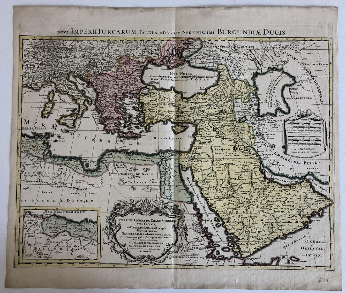 Antique Map: Estats De L'Empire Du Grand Seigneur Des: Highly detailed chart of the Turkish Empire, and Mediterranean, from Hubert Jaillot. Unframed, Extends from the Arabian Peninsula and the Empire of Persia in the east to Algeria, the Balearic Islands,