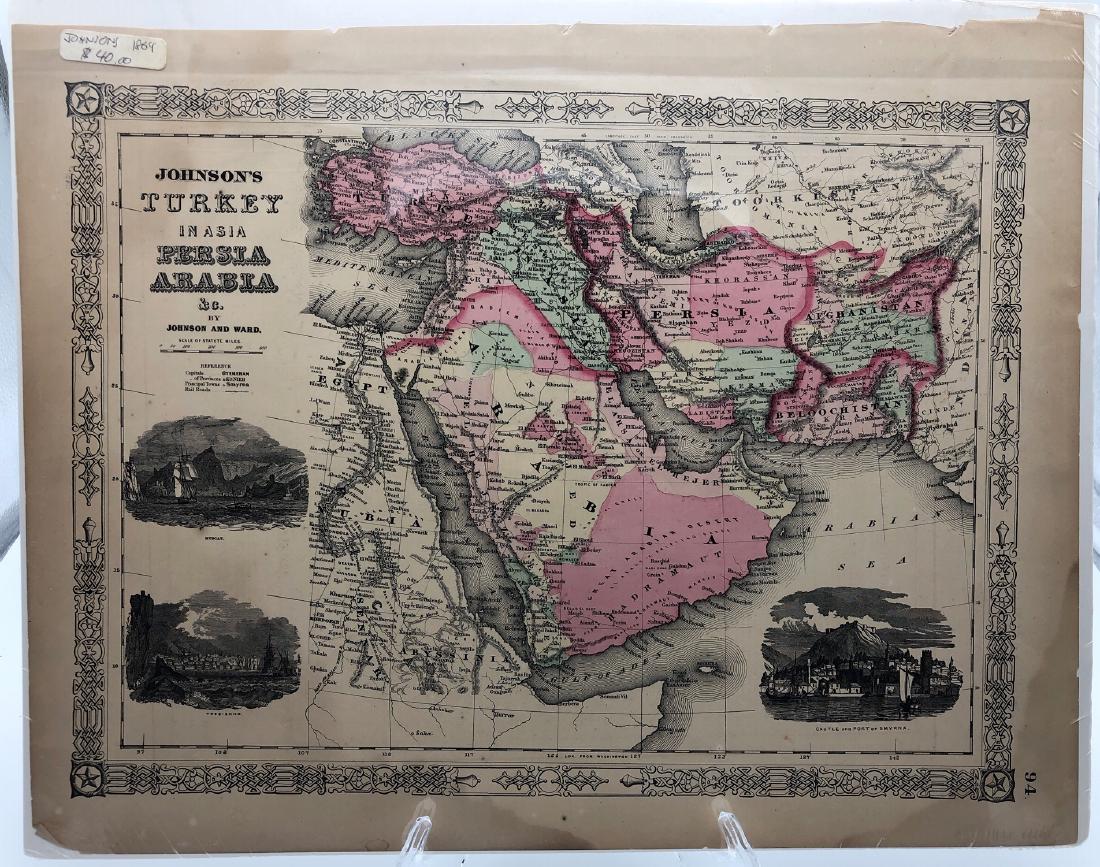Collection of 7 Maps Mounted on Board of Arab Countries: Largest: 21.5" wd x 12" ht.
