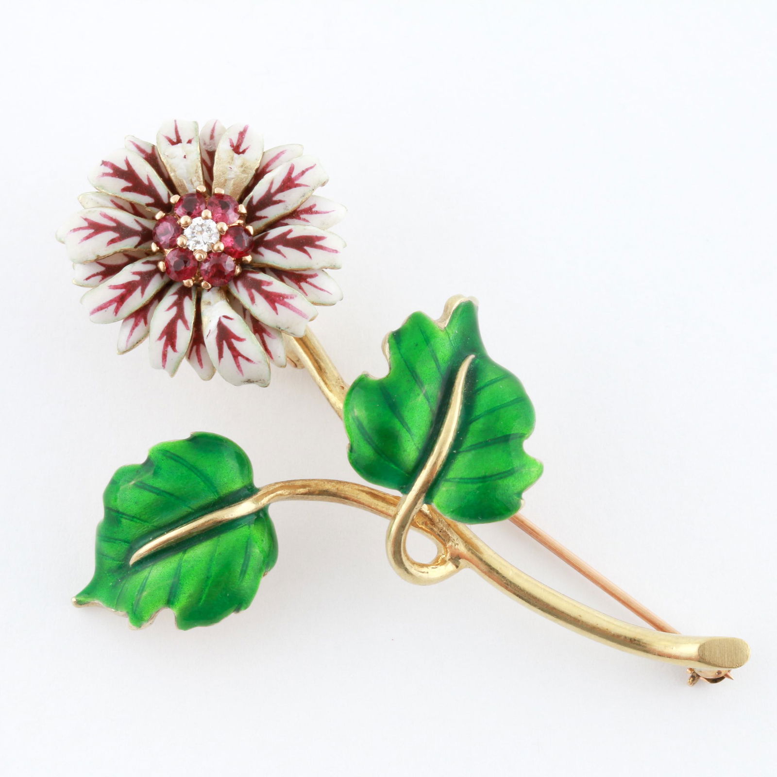 14K Yellow Gold Ruby and Diamond Enameled Brooch (1 of 5)