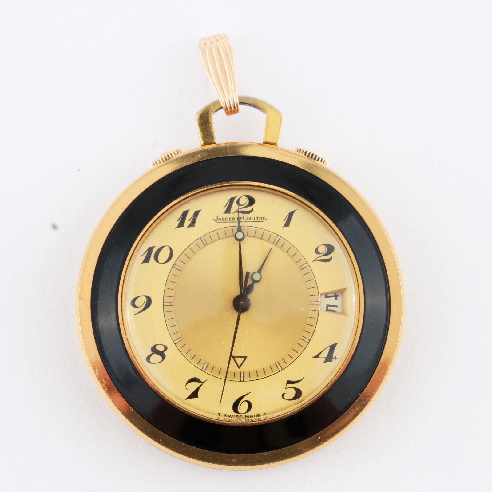 Jaeger-LeCoultre Gold Tone Traveling Alarm Clock: Jaeger-LeCoultre gold tone traveling alarm clock pendant with fold out stand. Make: Jaeger-LeCoultre Case Material: metal Weight (inclusive of all materials): 31.20 dwt