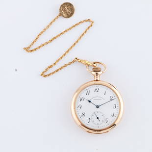 A.W.W.C. Co. 14K Yellow Gold Pocket Watch with Chain: A.W.W.C. Co. 14K yellow gold pocket watch with Bailey, Banks & Biddle dial. Make: A.W.W.C. Co. Model: n/a Movement: 17 jewels Case Material: 14K yellow gold Weight (inclusive of all materials): 46.30