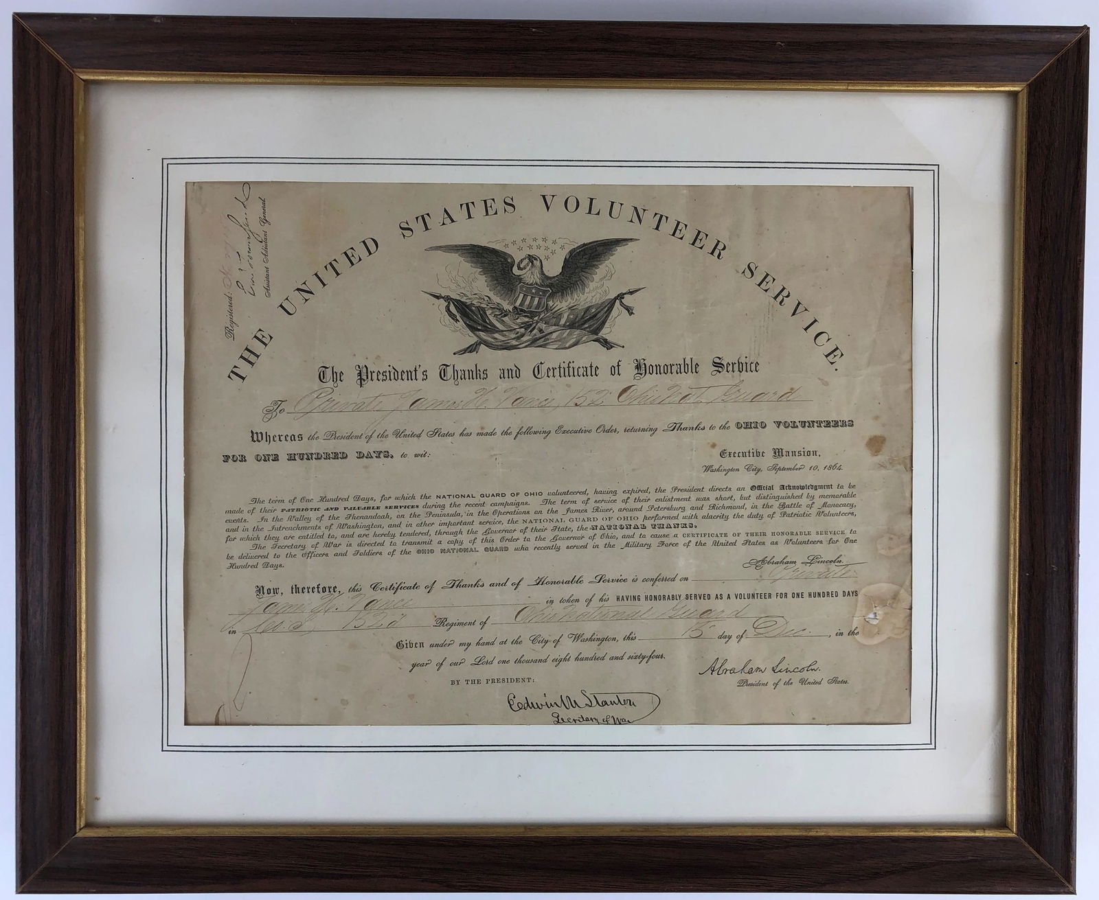 Civil War Ohio Volunteer Service Document (1 of 3)
