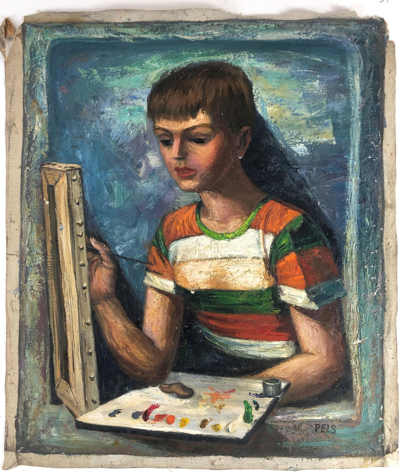 Albert Pels Original Oil Painting on Unstretched: Albert Pels (American, 1910-1998), oil on canvas depicting a student; 21" wd. x 25" ht..
