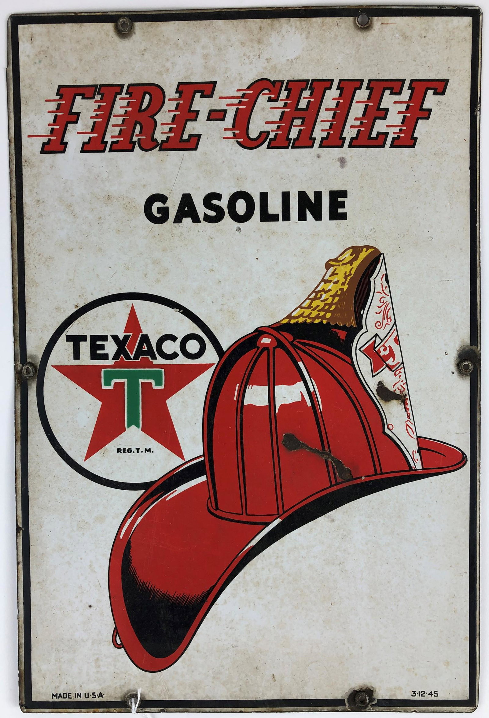 Group of Three American Enameled Metal Adversiting: "Fire Chief Gasoline, Texaco"; 12" wd. x 18: ht., "Close Clearance"; 5" wd. x 36" ht. and with reflective particle paint, and "You'll Love Dad's" with stenciled "Fresh Corn"; 2" wd. x 27" ht.