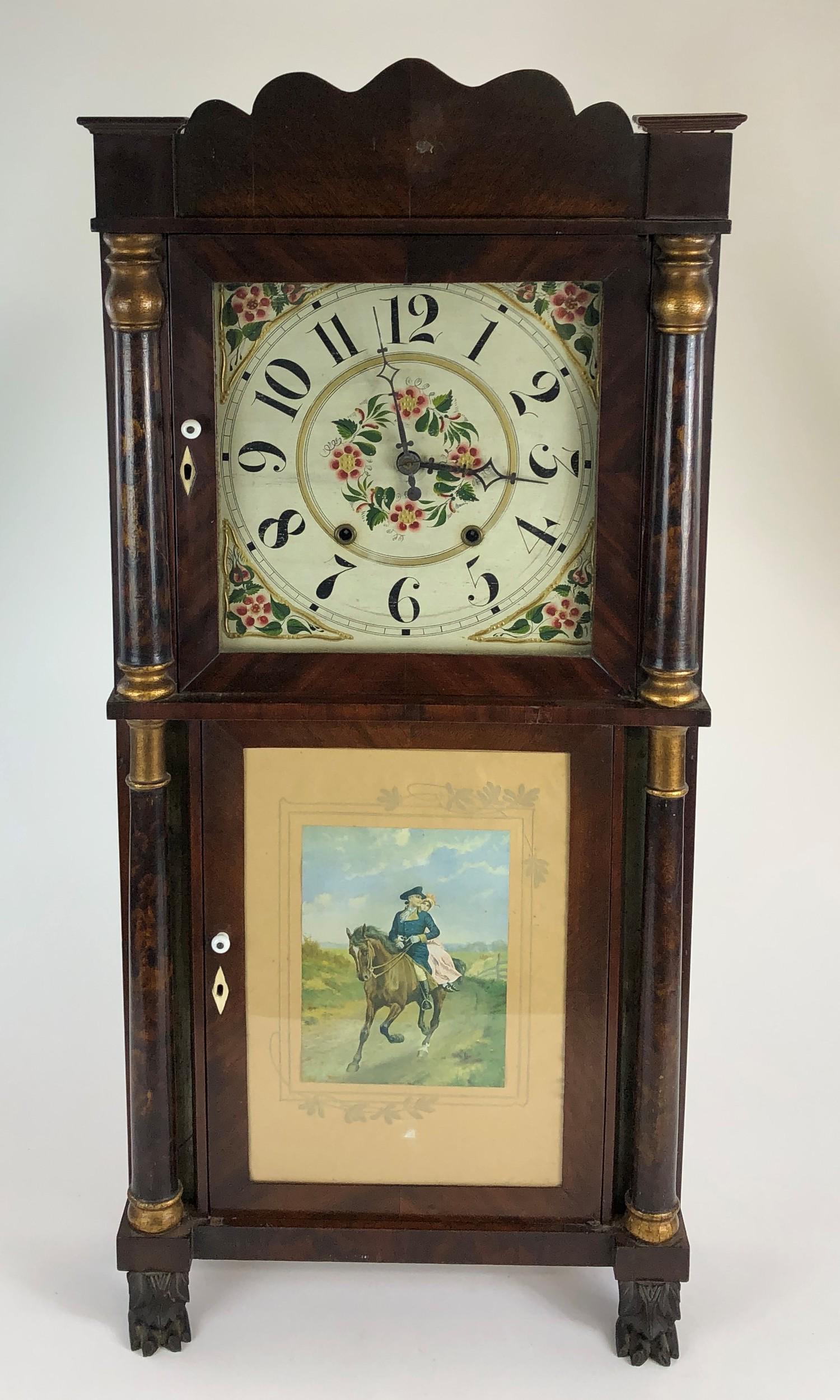 George Marsh Columned Eight Day Shelf Clock: A nice Geroge Marsh Company shelf clock, with gilt and painted columns, painted dial, and bone escutcheons, carved feet.Â Label to interior; ht. 35.5", wd. 17", dp. 5".