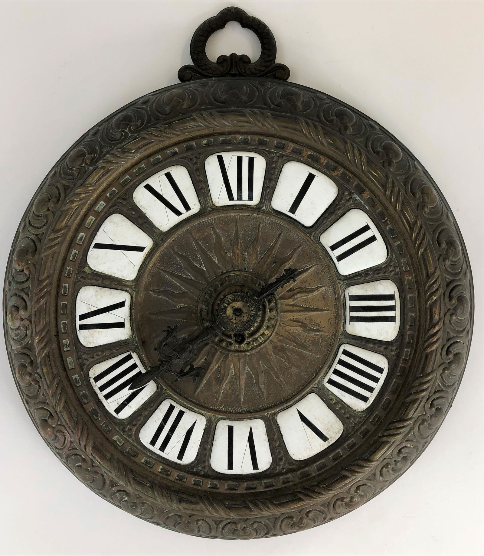 Hanging Sunburst Tin Clock with Enamel Hours (1 of 2)