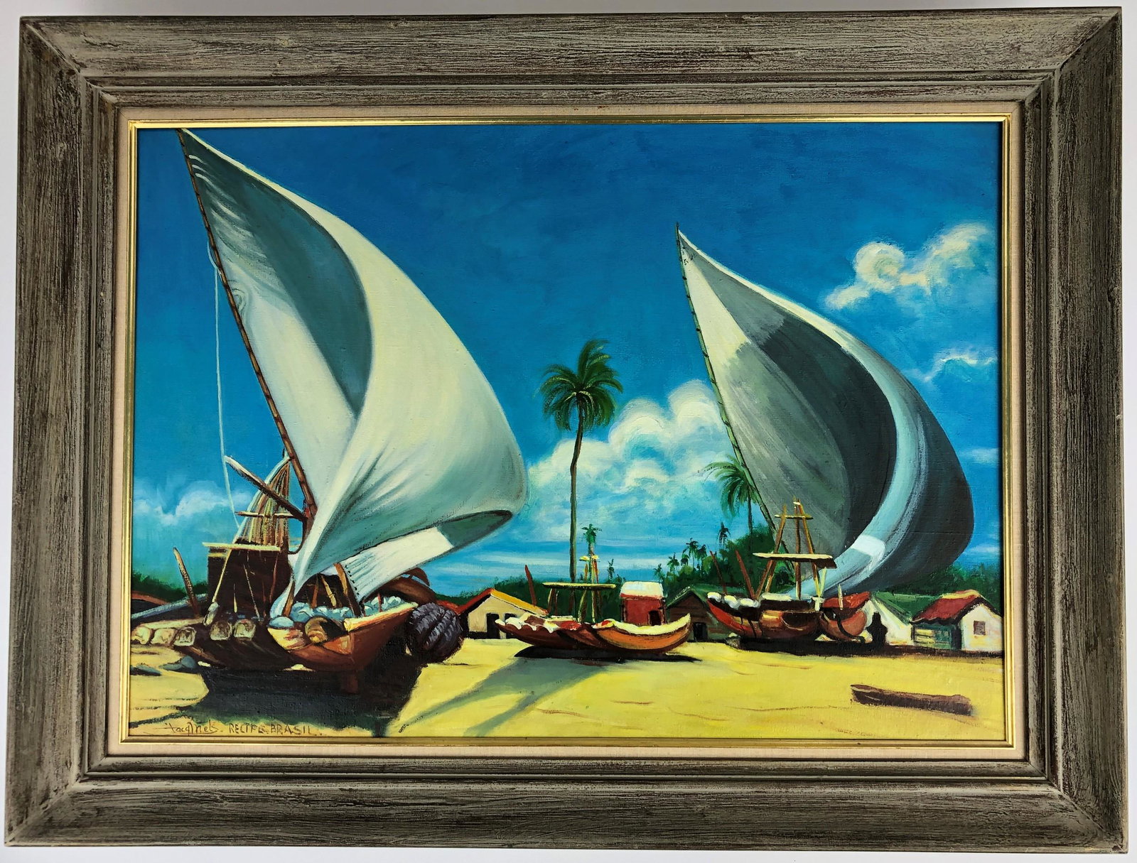 Jacq Mels Tropical Scene with Boats: Sight: 28'' wd. x 20'' ht., Framed: 33'' wd. x 25'' ht. Signed on canvas l.l. and marked Rectfe. Brasil" l.l. Born in Tilburg 1899 Died in The Hague 1979 Jacques Mels was a self taught artist. At youn