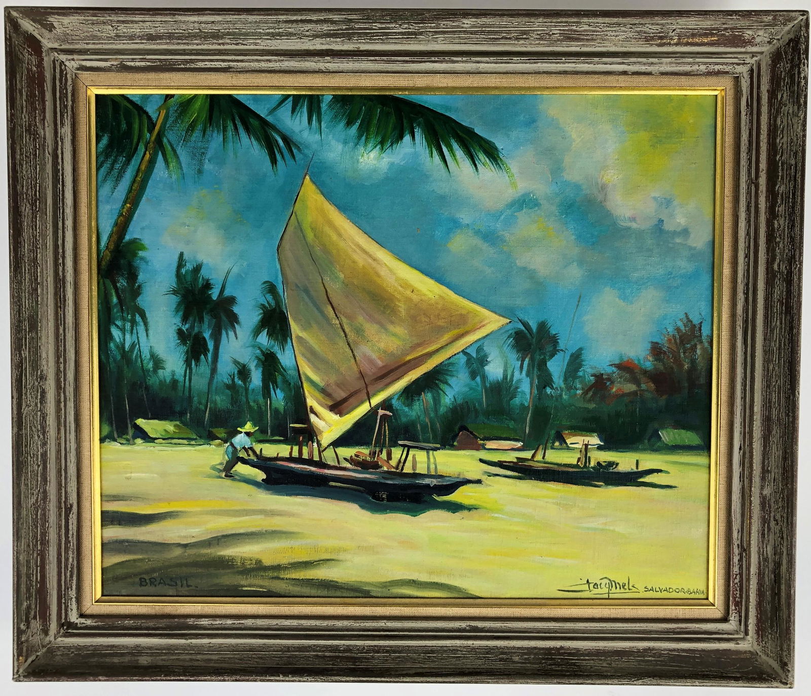 Jacq Mels Brazilian Tropical Scene: Sight: 18'' wd. x 15'' ht., Framed: 22'' wd. x 18.5'' ht. Signed on canvas l.r., and marked "Salvador Bahia" l.r. and "Brasil." l.l. Born in Tilburg 1899 Died in The Hague 1979 Jacques Mels was a sel